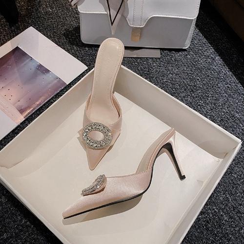 High Heel Pointed Toe Satin Rhinestone Sandals Thin Heel Round Buckle Women Shoes