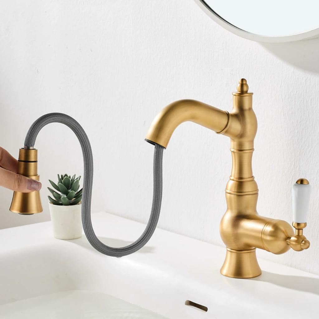 Gold Basin Faucet Antique Brass Pull Out Bathroom Faucet Hot & Cold Black Bathroom Sink Faucet Decked Lavotory Faucet Sink Mixer