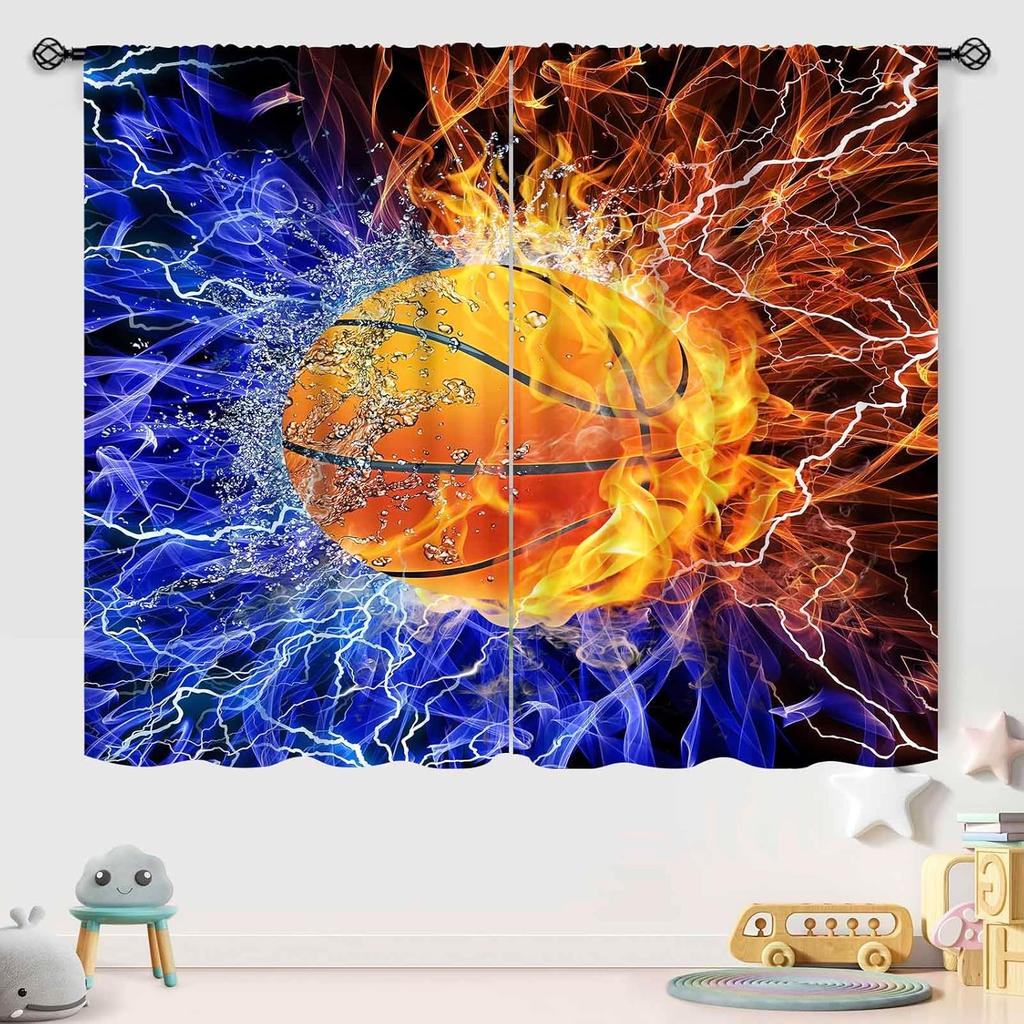 Basketball Curtains Teens Ball Sports Blue Red Flame Match Game Teen Boys Kids Bedroom Living Room Playroom Nursery Curtain For Sitting Polyester