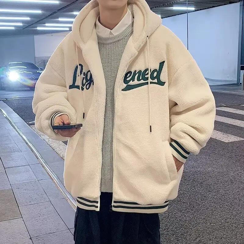 Winter Youth Lamb Fur Sweatshirt Men's Retro Loose Cotton Jacket Trendy Warm Open Cardigan Couple Style Outerwear