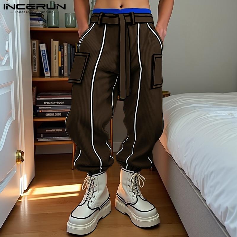 INCERUN Men Autumn Belt Zip-up Waist Stitching Corduroy Harem Pants Trousers