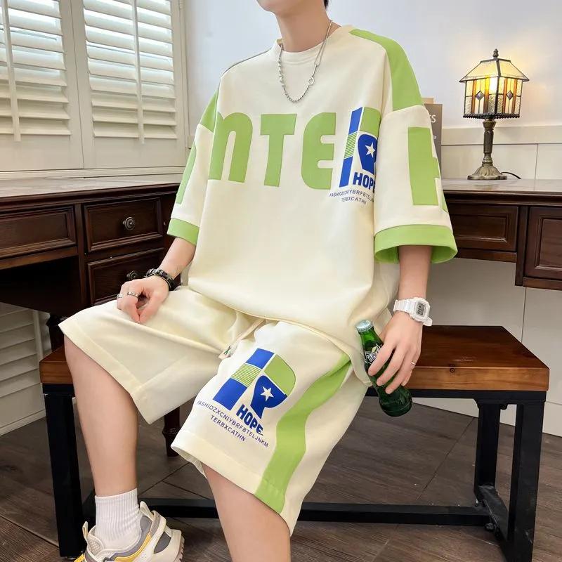 

Men s Summer Oversized Casual Set Student Lightweight Short-Sleeve T-Shirt + Cropped Shorts Loose-Fit Athletic Two-Piece Set 6XL абрикосовий