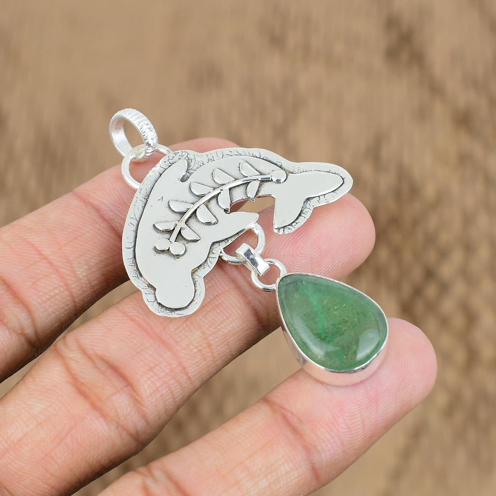 Natural Green Aventurine Gemstone 925 Sterling Silver Pendant Fish For Girls