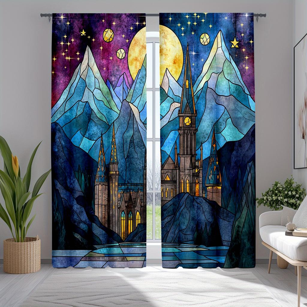 2pcs Stained Glass Mural Curtains with Church Star Design, Thermal Insulated, Semi-Transparent Polyester Drapes for Living Room