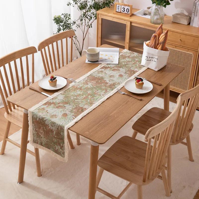 Table Linen Yarn Dyed Tablecloth Jacquard Oil Painting with Small Daisy Fringe Table Flag Placemat Entrance Cabinet Cover