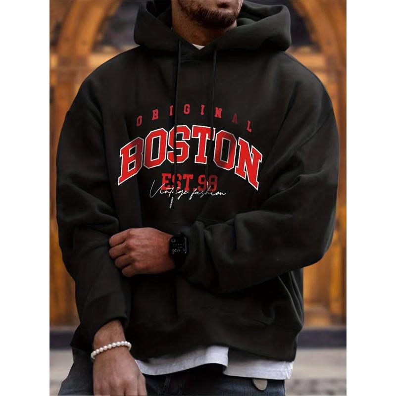 Loose Fit Hoodie Sweatshirt, Polyester Fabric, Casual Long Sleeve Pullover Hooded Sweatshirt with Pocket S чёрный