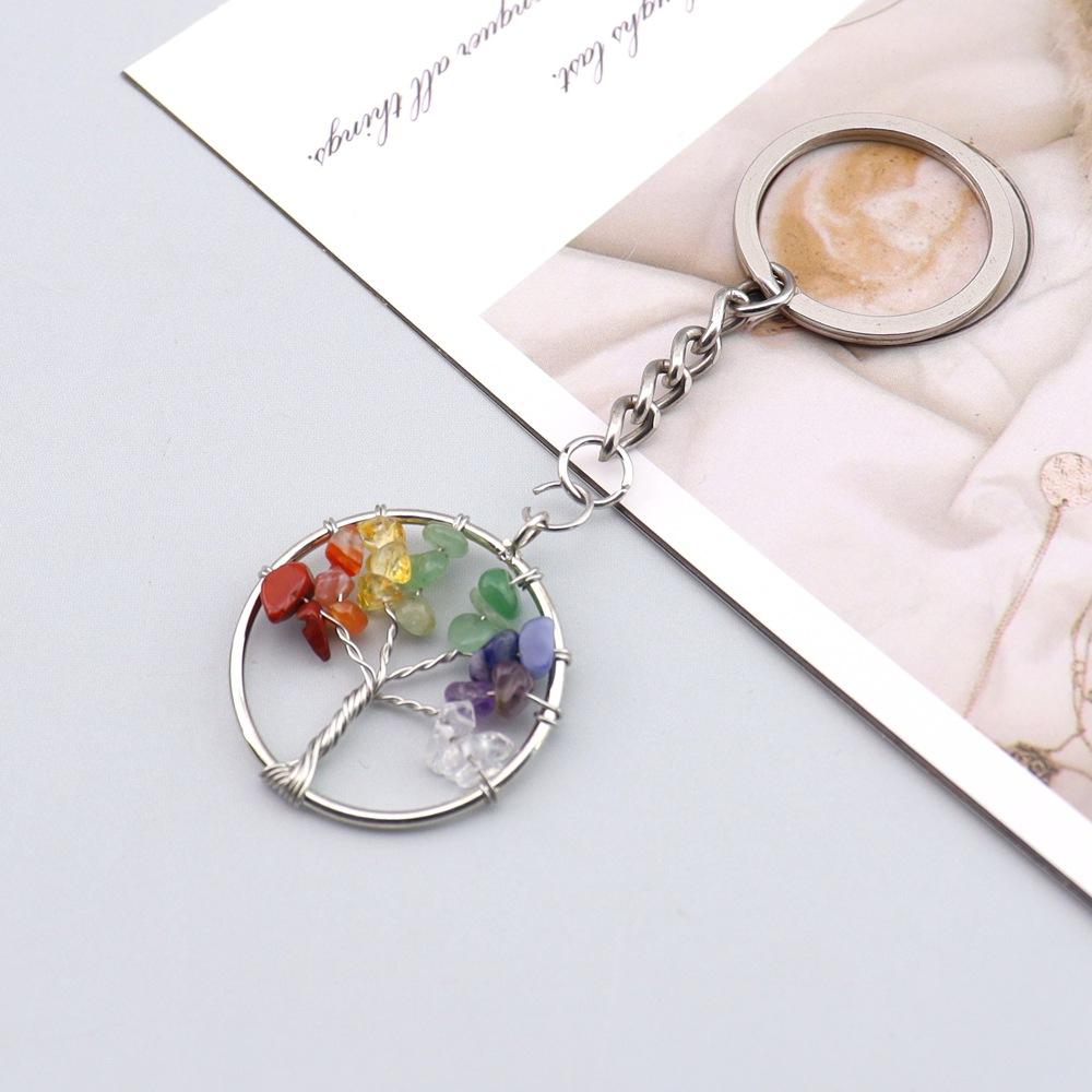 Natural Crystal Colorful Stone Agate Tree Of Life Keychain Bag Pendant Pendant Key Ring K65