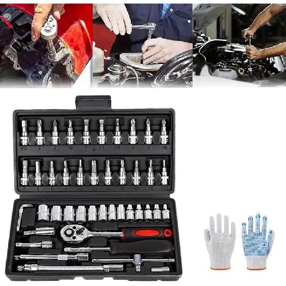 Электрический трещоточный ключ Vessel, Беспроводной тонкий набор трещоток, Набор метрических торцевых ключей, Набор торцевых трещоточных ключей из 46 предметов в кейсе, 1/4 , Метрические биты, Регулировка Black-1pcs