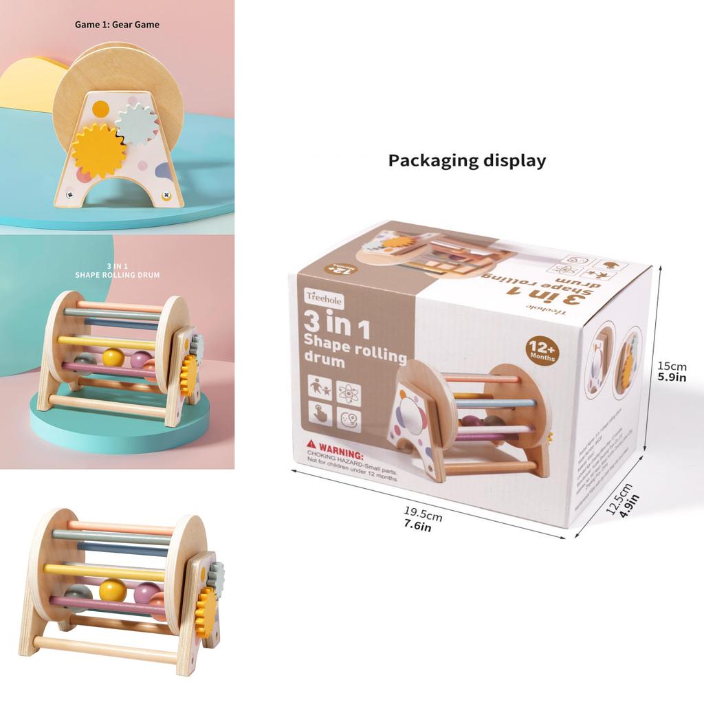 Wooden Montessori Threeinone Desktop Rattling Drum For Toddlers Educational Toy