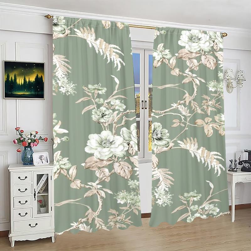 2Pcs- Light Color Flower - Printed Curtain -100% Polyester Material, Suitable for Bedroom Curtains and Living Room Decoration;