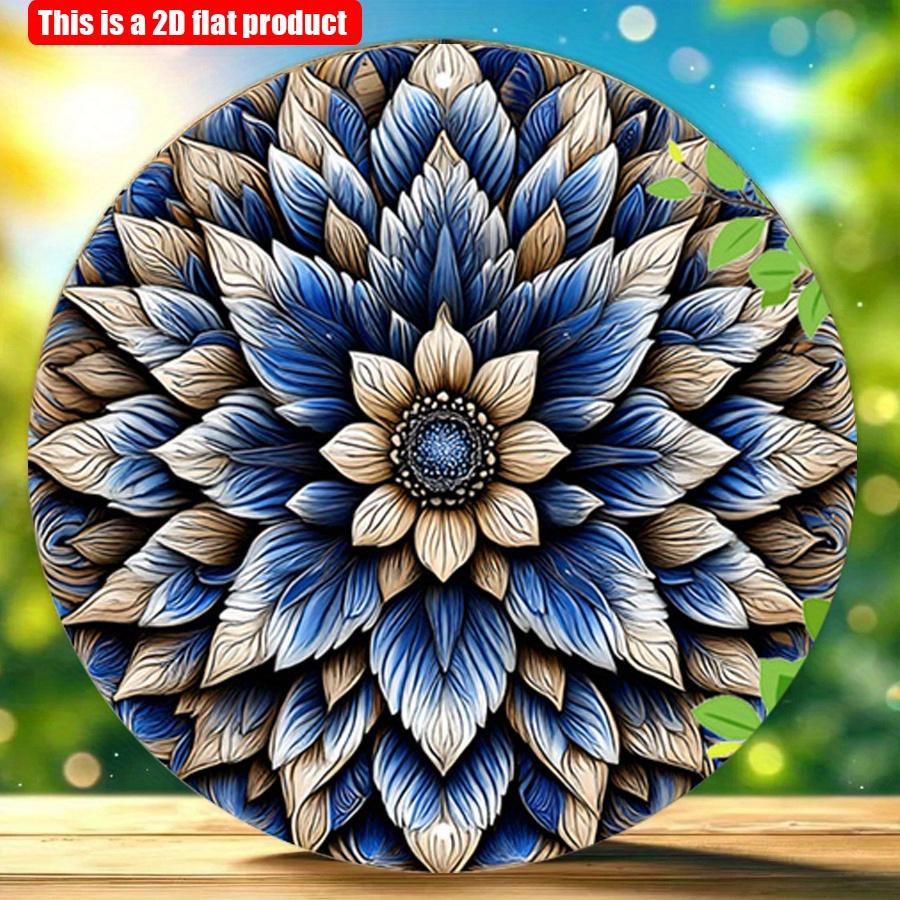 2D Flat 20*20cm 1pc Retro Blue Floral Mandala Round Wall Art Plaque, Nostalgic&Novelty Style Detailed Symmetry Flowers Pattern Environmental Embellish