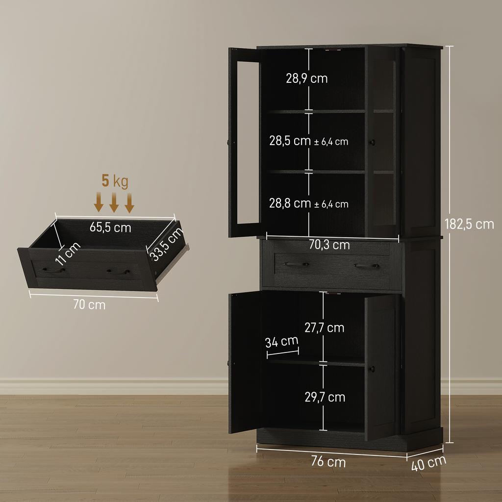 Mobile da Cucina, Credenza, Frontale in Acrilico, Cassetti, 76 x 40 x 182,5 cm, Nero