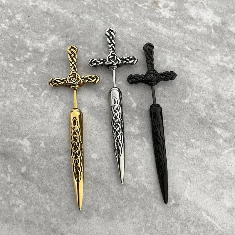 Steel Fun Jewelry Punk Sword Gothic Kinitial Piercing Earrings for Women&Men Goth Pattern Ear Jacket Dagger Stud Earring Jewelry