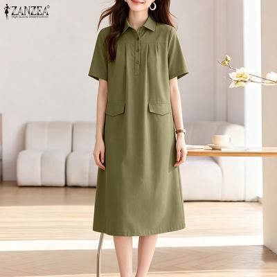 Rochie casual cu mâneci scurte de culoare solidă, cu guler răsturnat