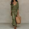 Spring Long Sleeve Loose Sweater Women's Set Elegant V Neck Satin Long Dress Suit Summer Casual Slim Vacation Beach Outfit Mujer