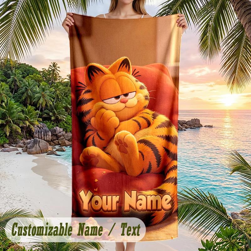 Garfield Beach Towel, Personalized Custom Text, Quick Dry Soft Large Towel For Swimming Pool Travel