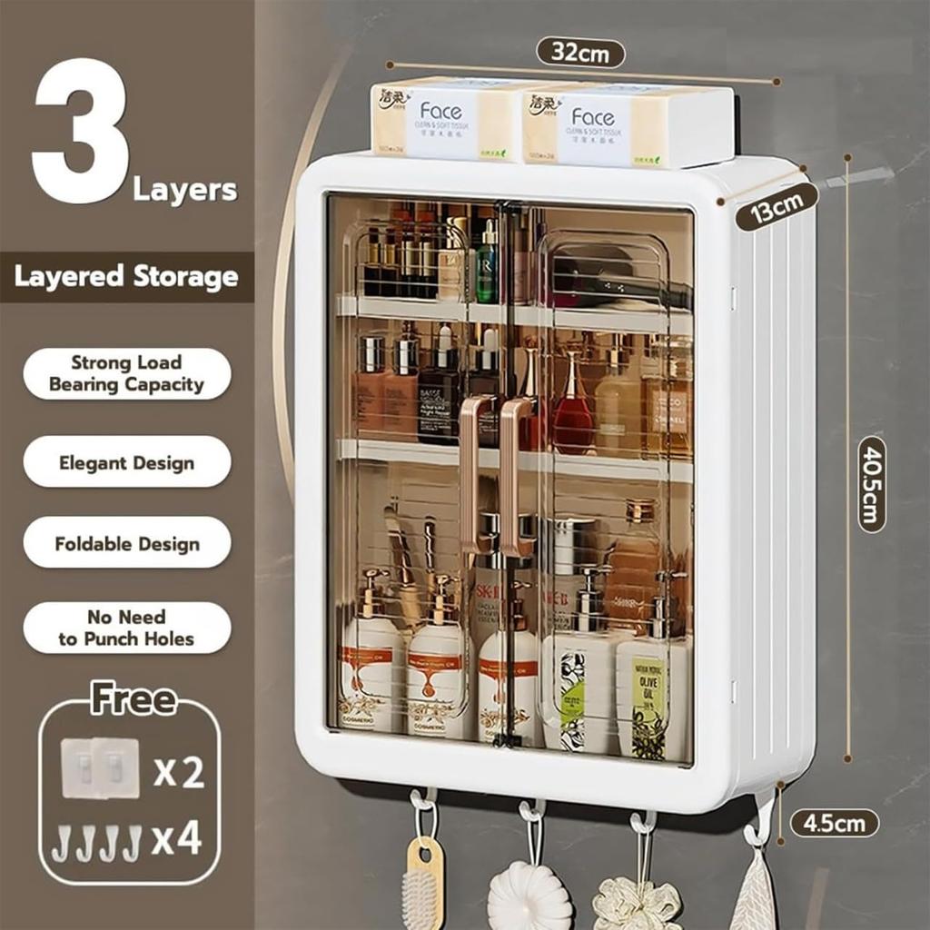 No-Drill Bathroom Shelf & Storage Cabinet - Wall Organiser for Bathroom Essentials, Makeup, Skincare with 2 Doors, 32 X 40.5 X 13cm (White, 3 Layer)