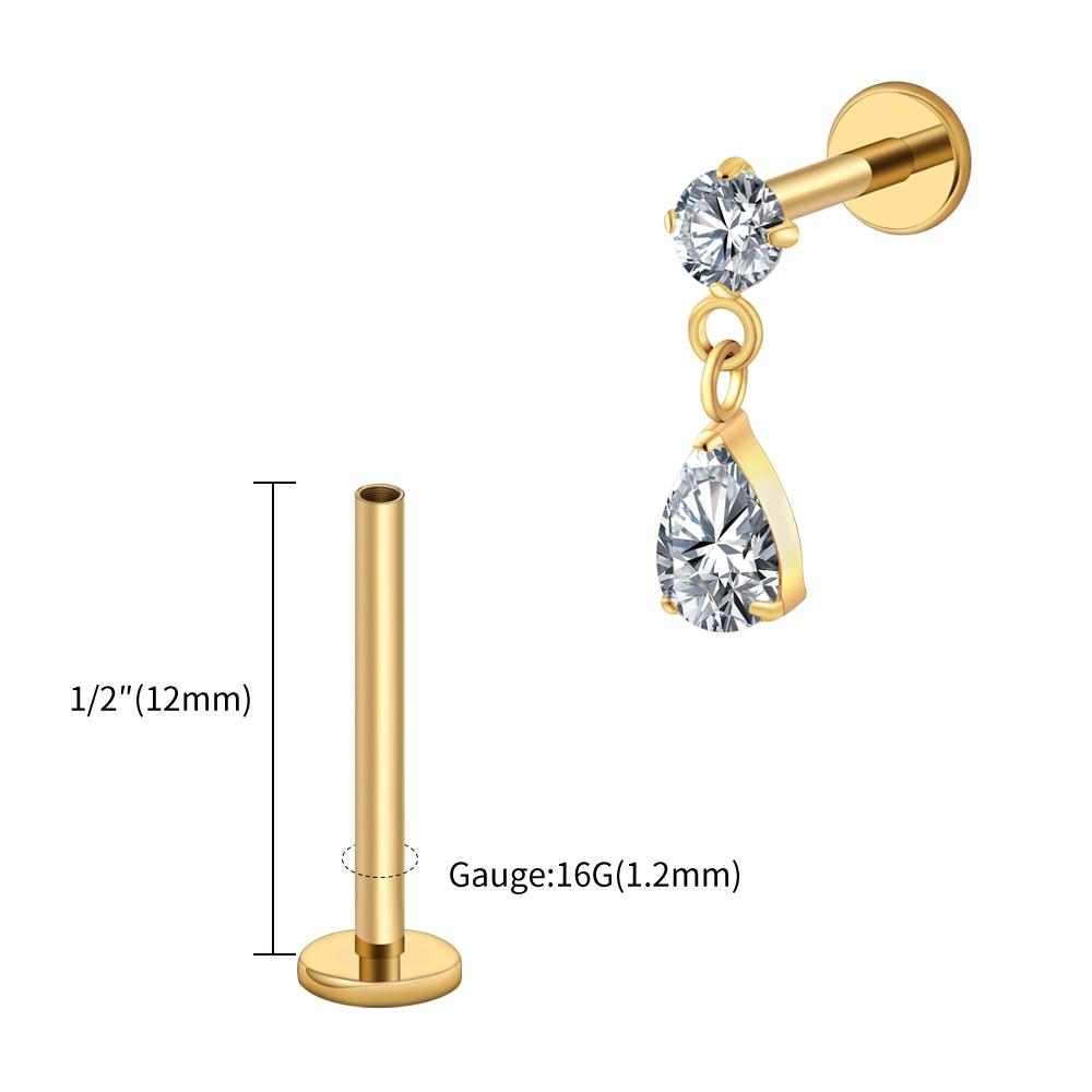 Right Grand ASTM F136 Titanium 16G Teardrop Dangle CZ Labret Stud Waterdrop Tragus Cartilage Earring Flatback Helix Piercing