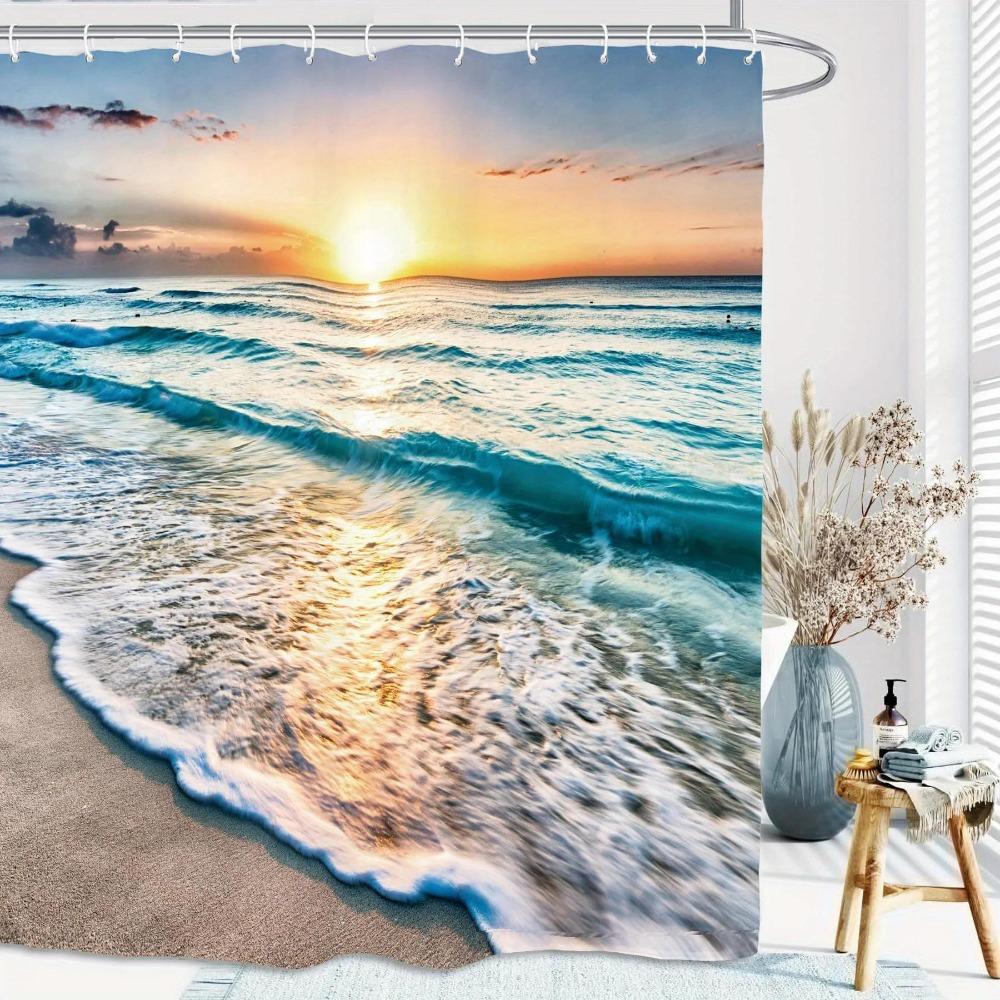 1pc Ocean Sunset Shower Curtain - Vibrant Beach Scene Print,  Perfect for Coastal Bathrooms, Ocean Scene Design