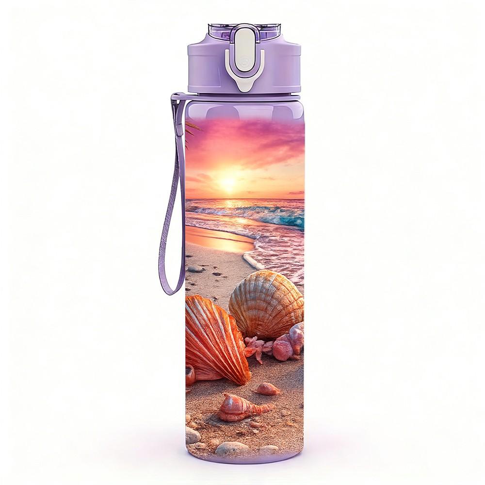 1PC Beach Sunset Ocean View Print 750ml Color Plastic Sports Water Bottle Leakproof Flip Straw Lid Suitable for Sports Office Home Use