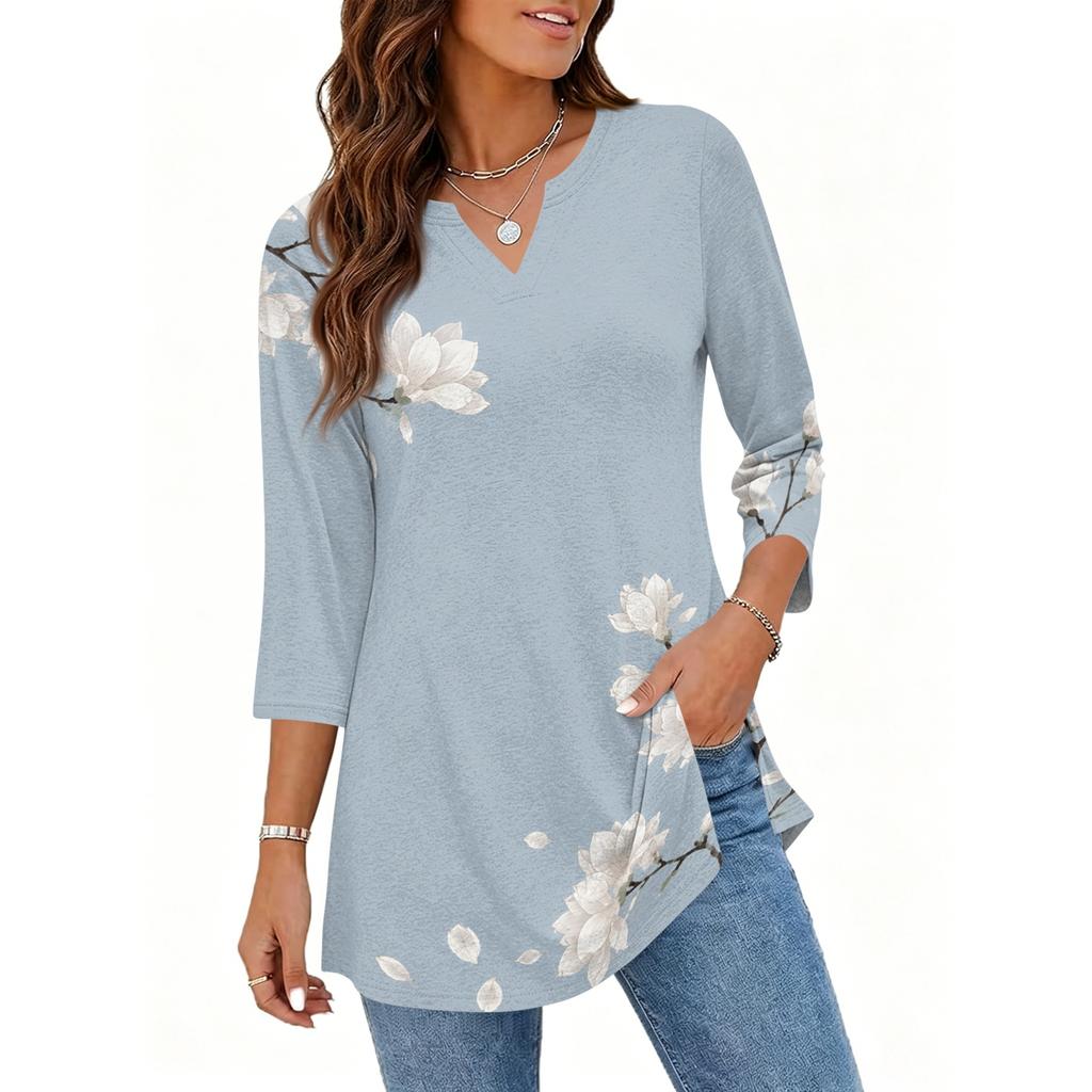 Women's Casual V Neck 3/4 Sleeve Pullover Tunic Top Floral Print Mid Length Blouse Lightweight Soft Fabric