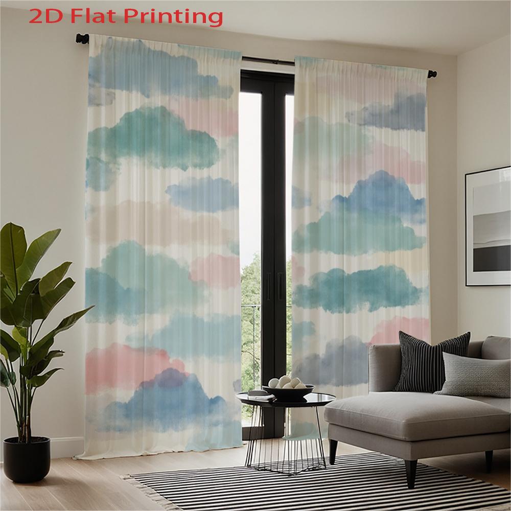 2D Flat   2pcs   2D Flat Printing Curtains   Watercolor Clouds Pattern for Bedroom Light Blue Pink Grey   Rod Pocket Velvet Fabric W