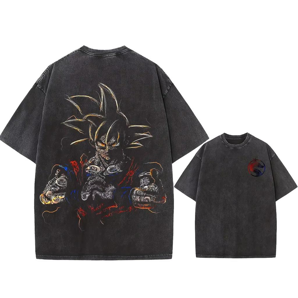Vintage Washed Dragon Ball T Shirt with Goku and Gohan Anime Print Streetwear Casual Daily Wear Yk Retro Summer new
