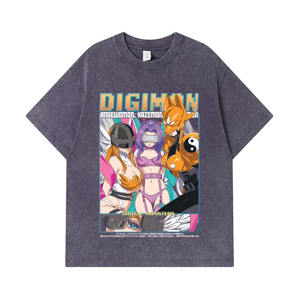 275 GSM Washed T-shirts 100% Cotton Digimon V6 Waifus Print Unisex Heavy Cotton T Shirt