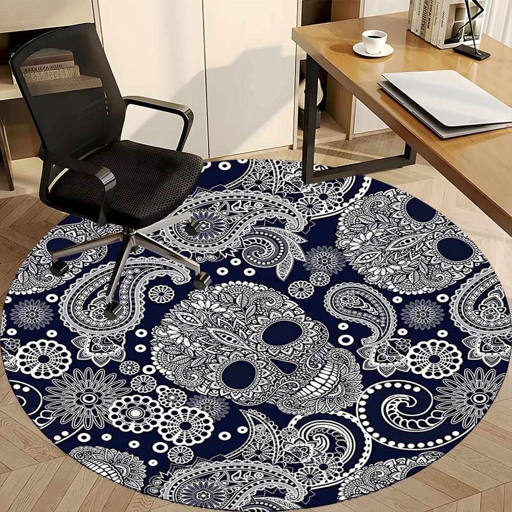 1pc Skull Paisley Office Round Area Rug, Indoor Mat Suitable ForOffice, Under Office Chairs Bedroom Living Room Home Decor, Room Deco 014