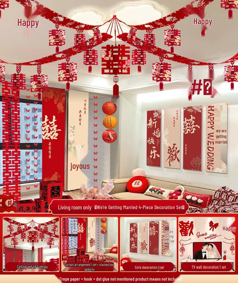 Hanging Double Happiness Cloth Banner for Wedding and Engagement Decor In Living Room or Hotel