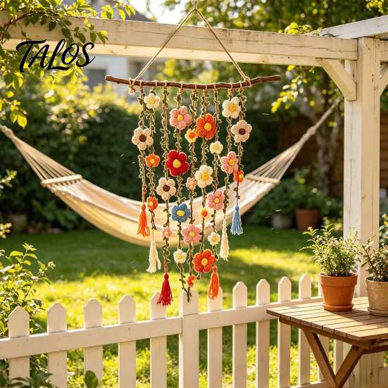 Handmade Crochet Flower Bohemian Hanging Tapestry, Tassels Decor Farmhouse Wall with Wooden Stick, Living Room Bedroom Art Decoration Cotton