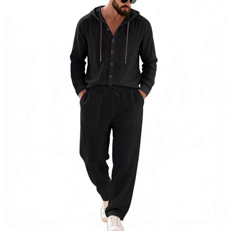 

Men s linen casual two-piece set: hooded button-down shirt and straight-leg trousers – perfect for spring/summer beach holidays XXXL