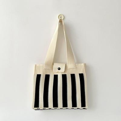 Bolso de Mano Vertical a Rayas Blancas y Negras de Diseño Pequeño, Bolso de Hombro Tejido, Bolso Tote para Estudiantes