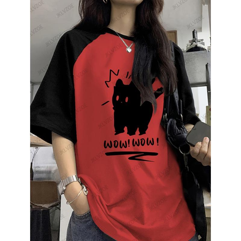 Zabawna Koszulka Letnia Z Nadrukiem Kota Dla Kobiet Patchwork Krótki Rękaw Harajuku T-shirty Sportowa Koszulka Piłkarska Y2K Luźne Oversize Topy