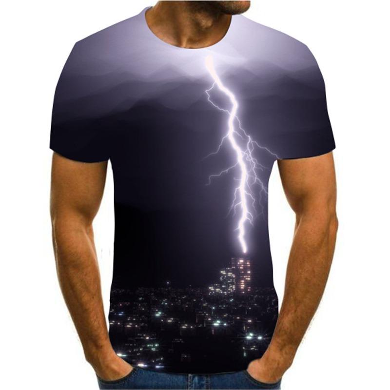 2024 Pánské tričko s 3D potiskem Tričko s potiskem krajiny s blesky Kulatý výstřih Plážová trička Pánské tričko Léto