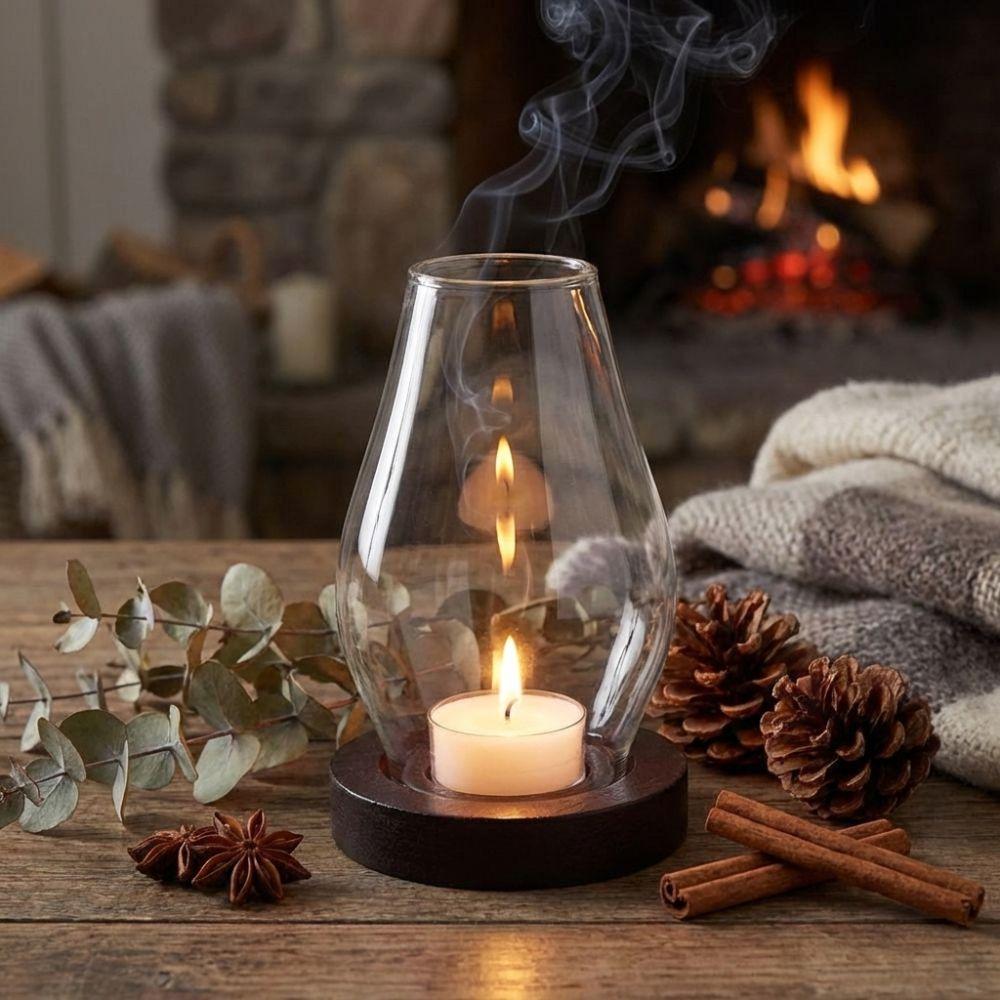 Base in Legno Massello Portacandele in Vetro Lampada per Incenso Trasparente Ambiente Interno