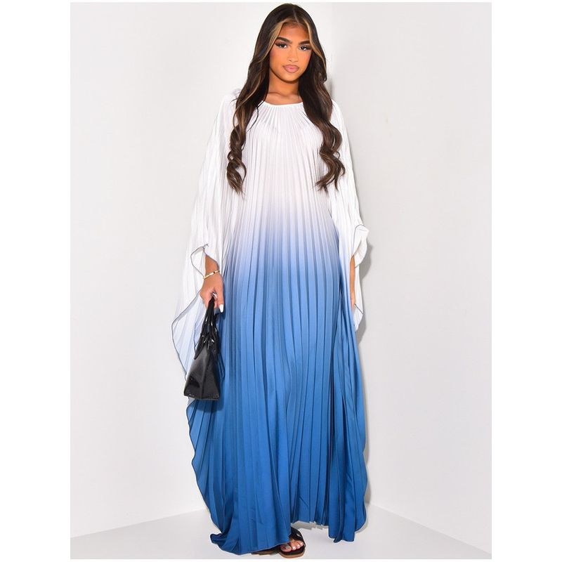 Amazon European and American Middle East Batwing Sleeve Women Summer Fashion Gradient Pleat Print Long round Neck Dress Dress