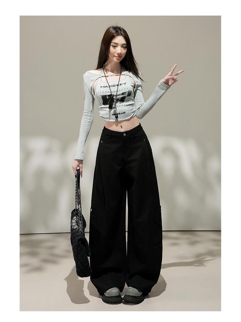 2026 Spring Women's High-Waisted Slimming Cargo Trousers - Loose Wide-Leg Style