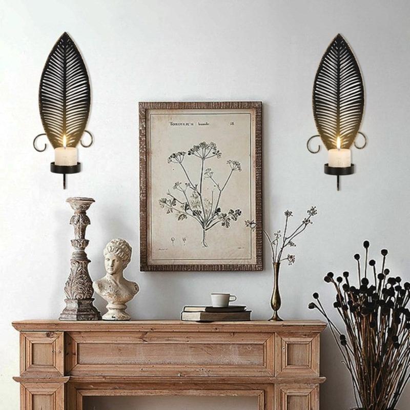 Elegant Black Metal Wall Candle Sconces, Leaf Shape Decorative Candlestick Candle Holders For Home And Event 2PCS
