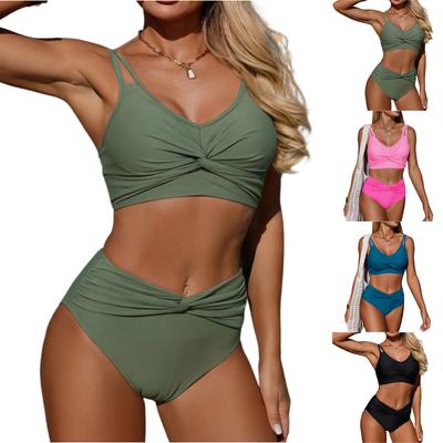Women Two Piece Swimsuit High Waist Bikini Set with Twist Front Top and Double Strap Design for Beachwear Poolwear