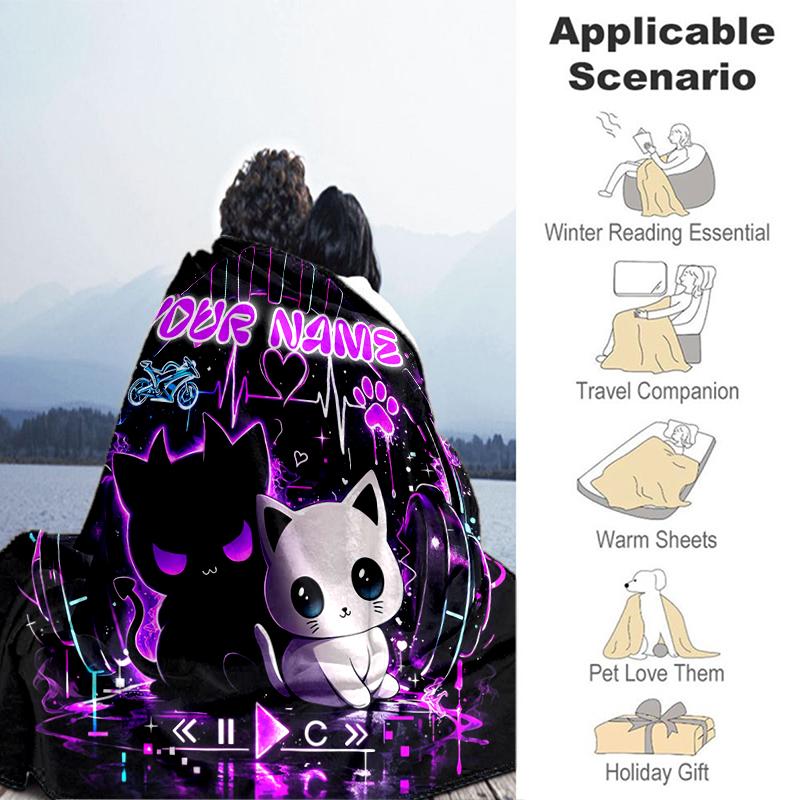 1PC Custom Name Neon Cat Dreamscape Flannel Blanket Versatile,all-season Throw Suitable for the Living Room,bedroom,camping,travel,and Gift