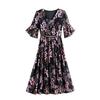 Elegant Floral Waist and Thin Dress for Women's Summer New Fashion Design Flared Sleeve Medium and Long Skirt