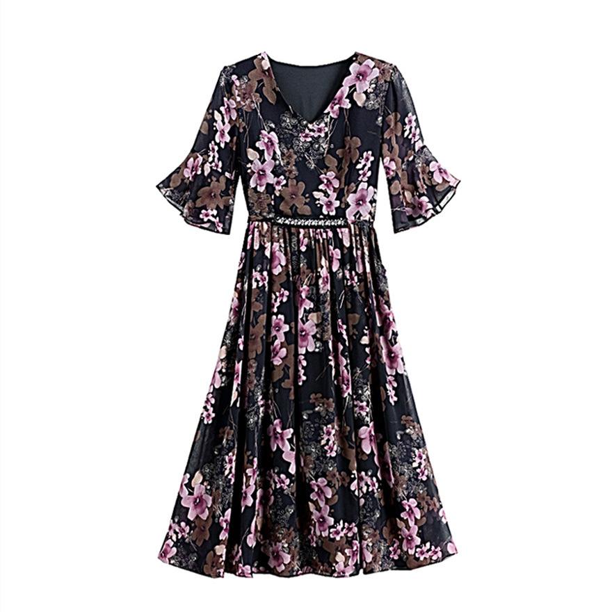 Elegant Floral Waist and Thin Dress for Women's Summer New Fashion Design Flared Sleeve Medium and Long Skirt