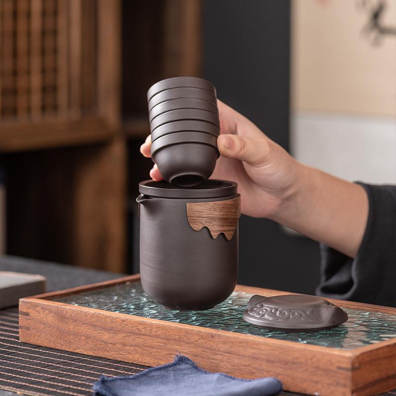 High-end Purple Sand Travel Tea Set, Outdoor Travel Portable Express Customer, One Pot of Six Cups, Commemorative Business Holiday Gifts