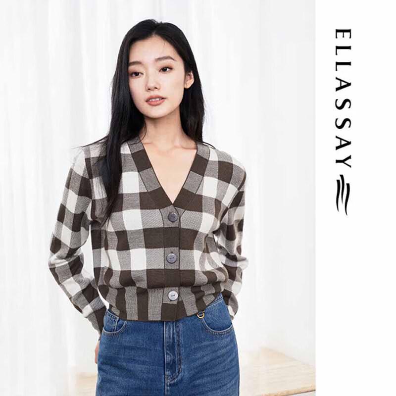 

ELLASSAY Women s Merino Wool Plaid V-Neck Knit Sweater L