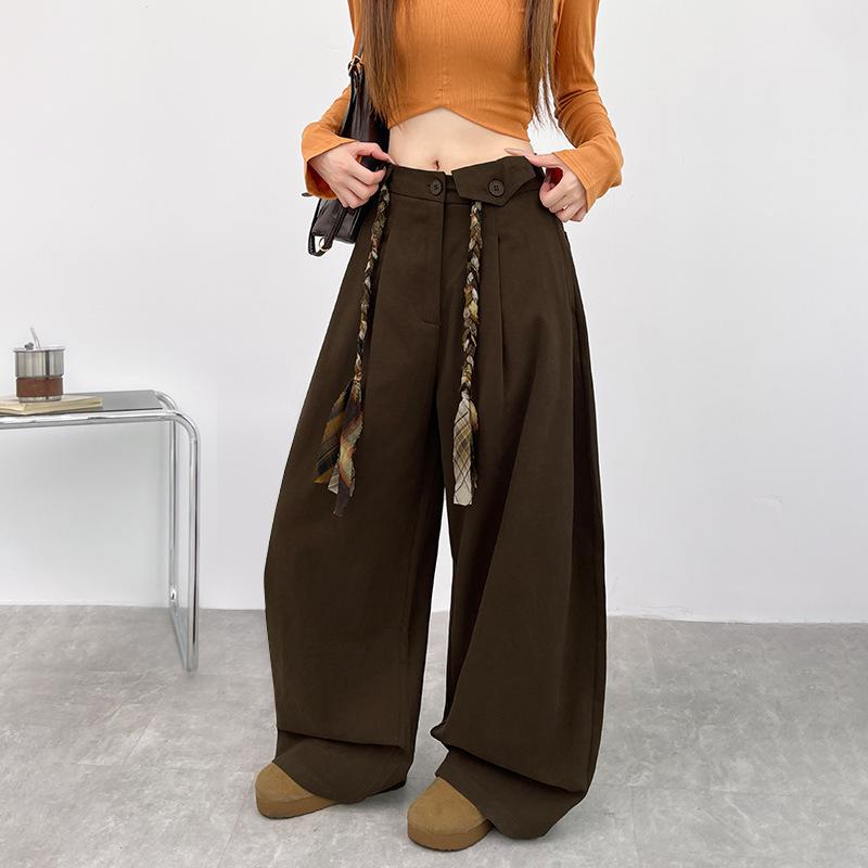 Army Green Retro Tooling Wide-leg Pants Women's Autumn New High-waisted Lace-up Flower Rope Lazy Scimitar Pants