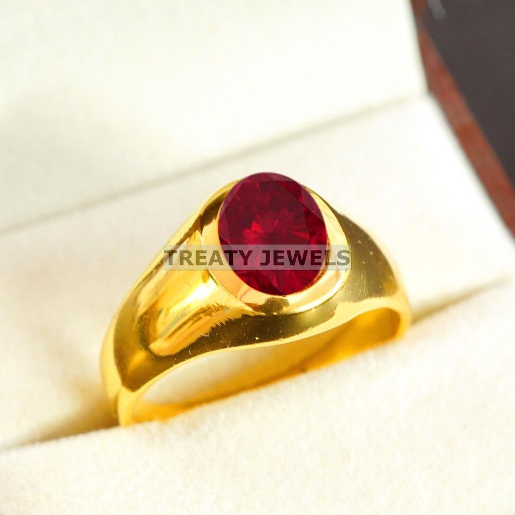 Ruby Oval Cut With 925 Sterling Silver Gold Plated Ring For Men's #B536 JL375684156616