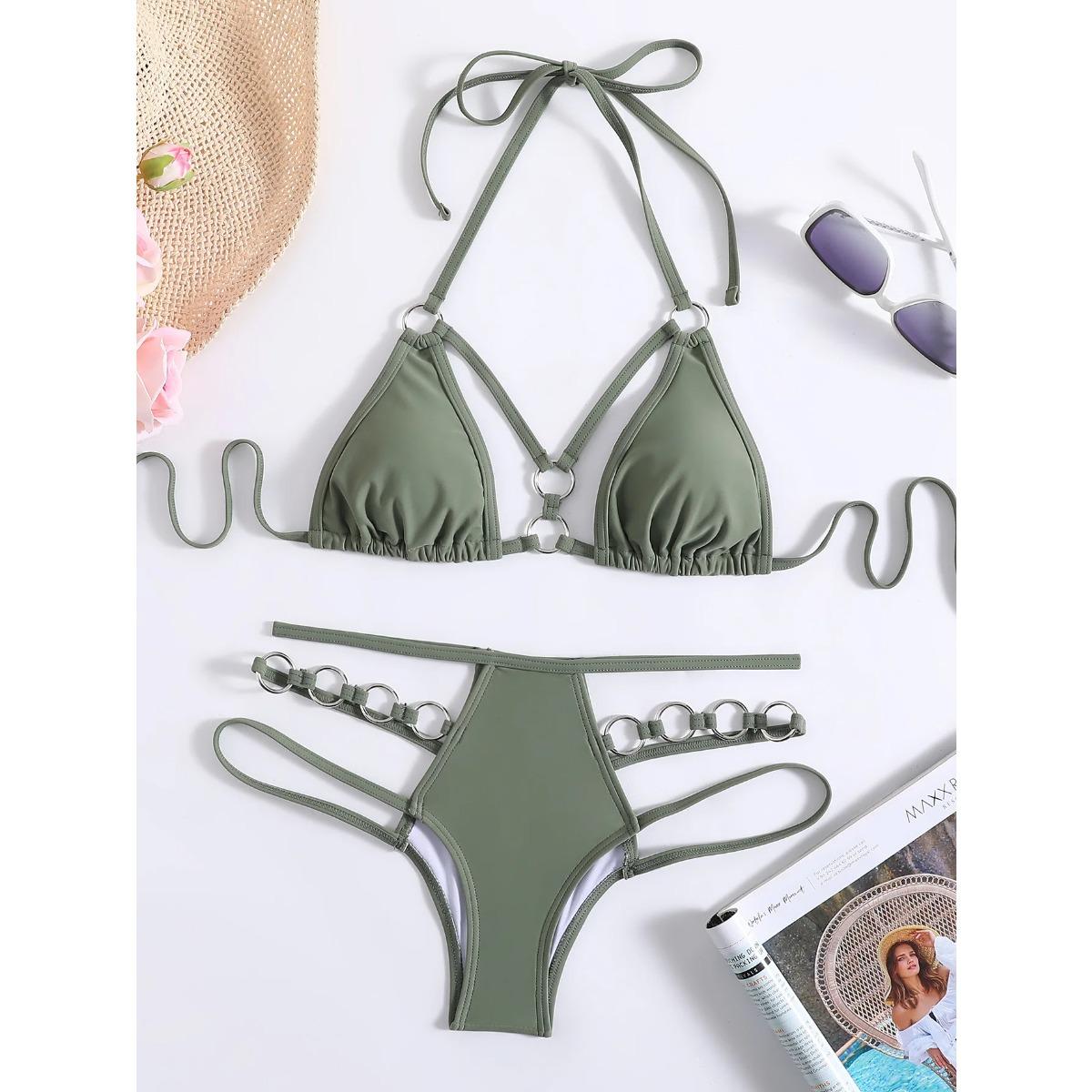 

sexy army green push up ring bikinis sets two pieces high waist padded bathing suit beach wear women thong bikini swimsuits L армія зелений колір