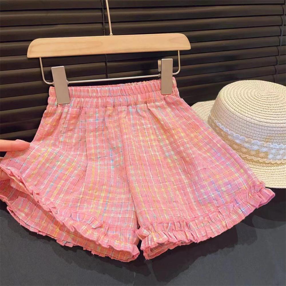 Girls' Fashionable Lace Plaid Trim Vest & Wide Leg Pants Two-Piece Summer Set