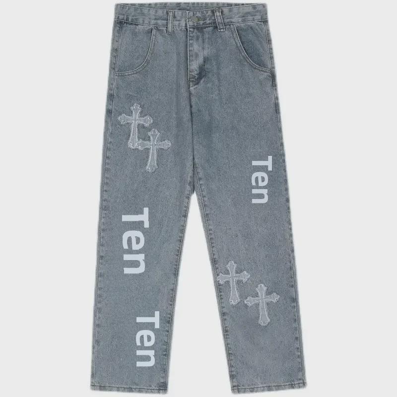 Herren Retro Straight Jeans mit Kreuzstickerei - Hip Hop Stil